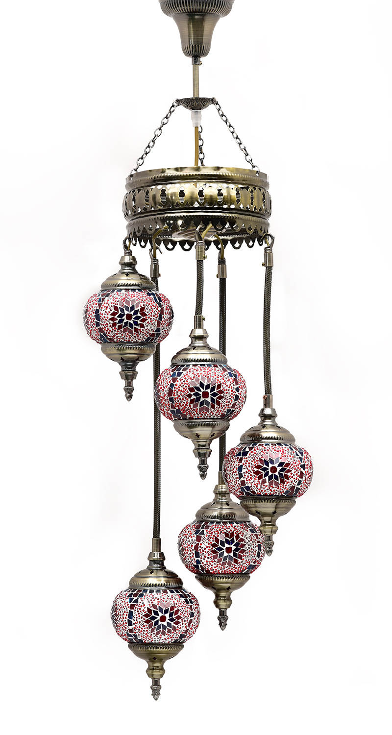 Turkish Mosaic Glass Chandelier with 5 Unique Multicolored Helical Globes - Handmade Elegant Lighting Fixture