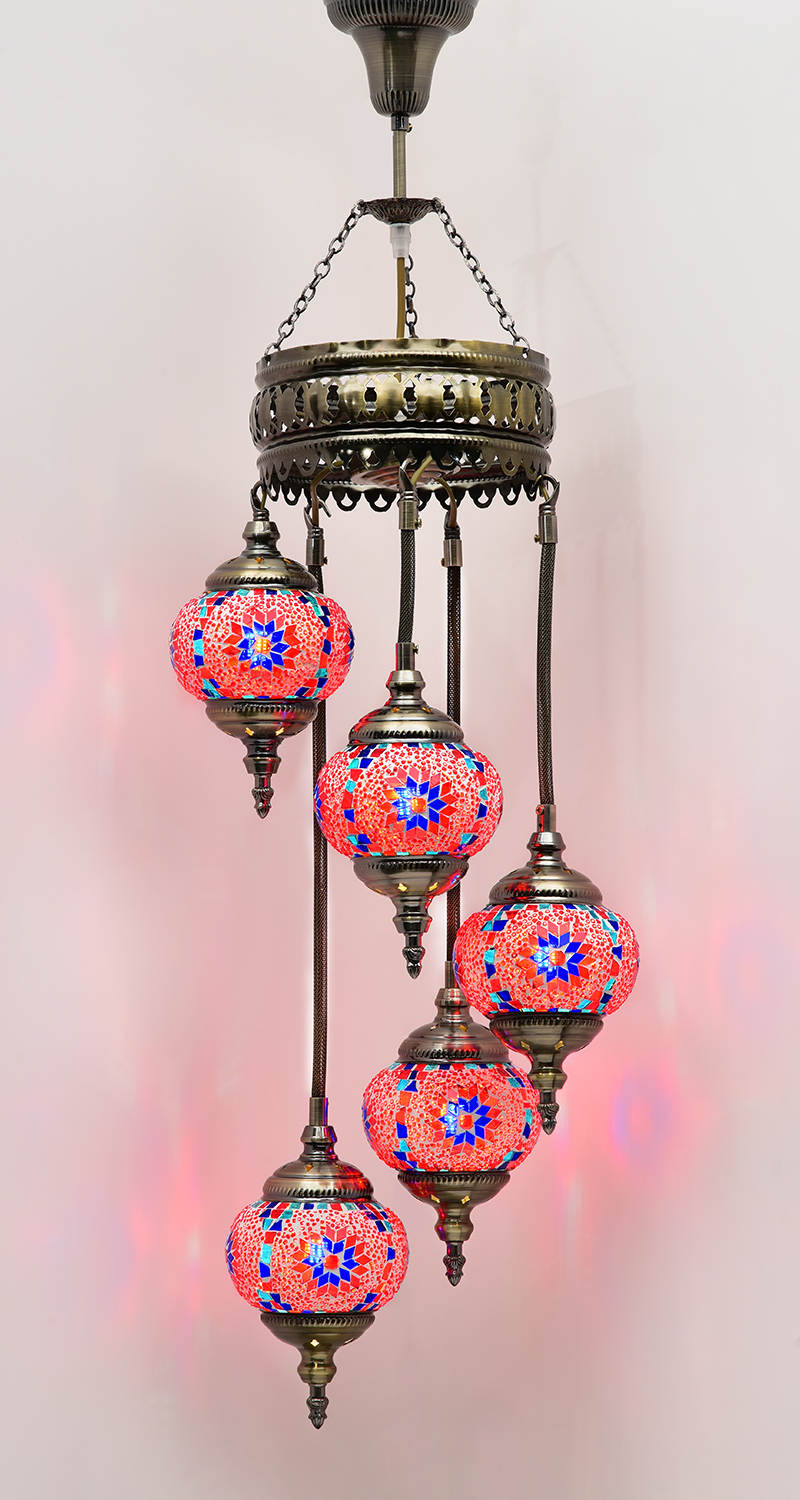 Turkish Mosaic Glass Chandelier with 5 Unique Multicolored Helical Globes - Handmade Elegant Lighting Fixture