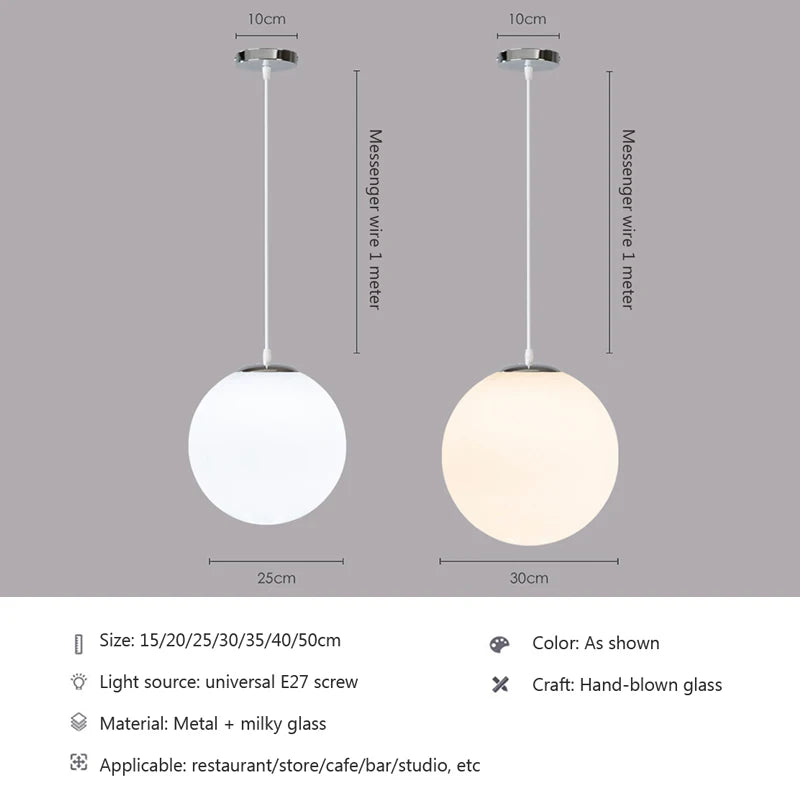 Home Decor Pendant Lights - White Glass Ball Hanging Lamps for Bar Dining Room and Bedroom Clothing Store LED Ceiling Chandeliers
