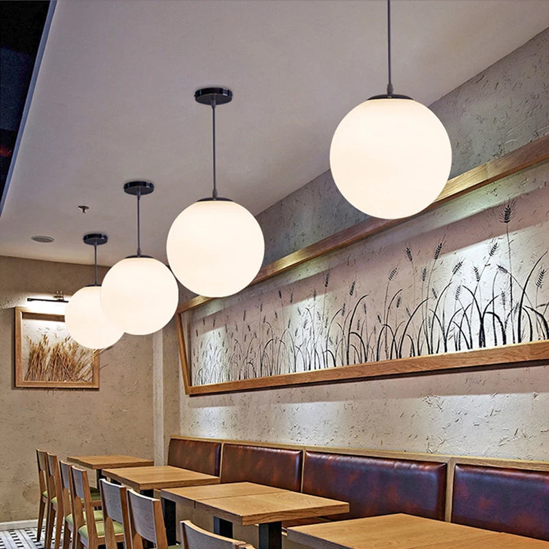 Home Decor Pendant Lights - White Glass Ball Hanging Lamps for Bar Dining Room and Bedroom Clothing Store LED Ceiling Chandeliers