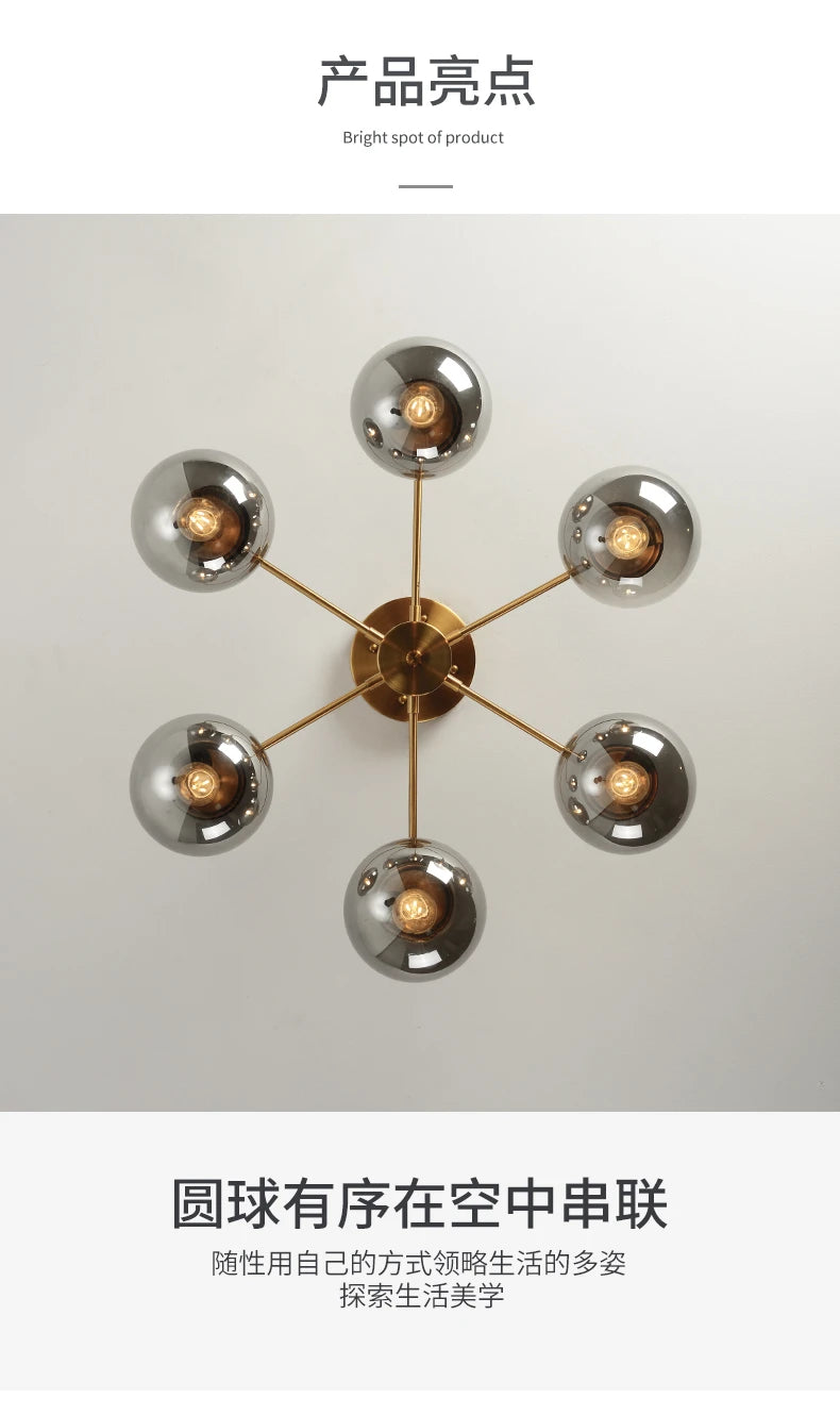 Ash Glass Ball Chandelier - Elegant Hanging Light for Bedroom Living Room Restaurant