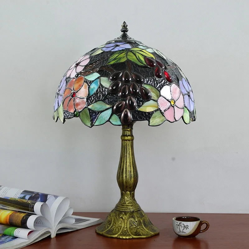 Elegant Grapes Flowers Tiffany Table Lamp | Stained Glass LED Bedside Lamp for Home, Restaurant & Bar