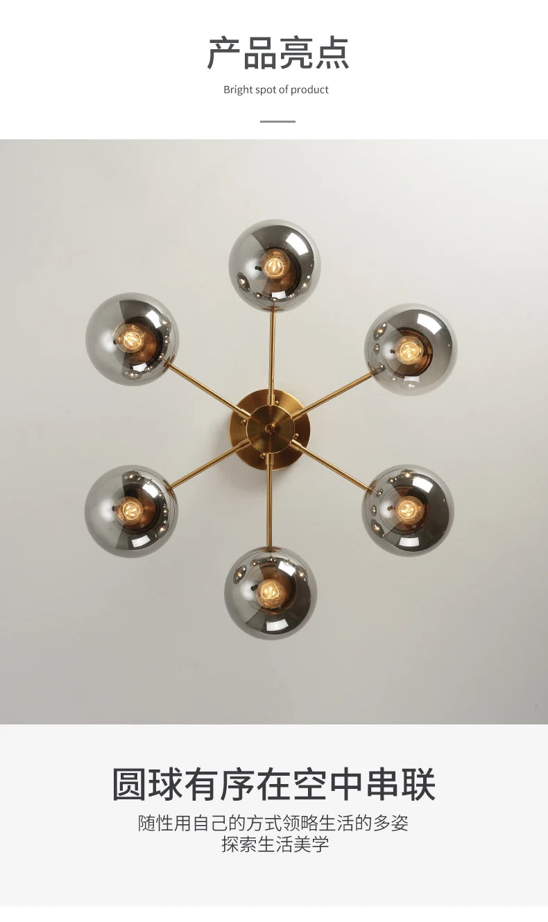 Ash Glass Ball Chandelier - Elegant Hanging Light for Bedroom Living Room Restaurant