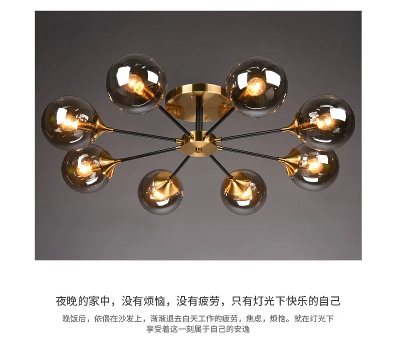 Ash Glass Ball Chandelier - Elegant Hanging Light for Bedroom Living Room Restaurant