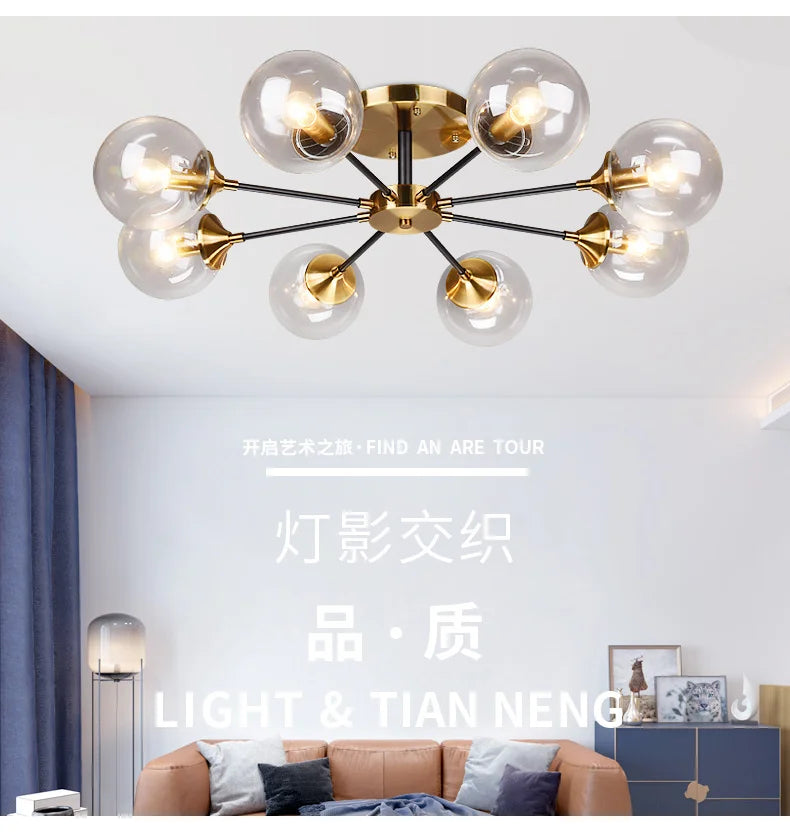 Ash Glass Ball Chandelier - Elegant Hanging Light for Bedroom Living Room Restaurant