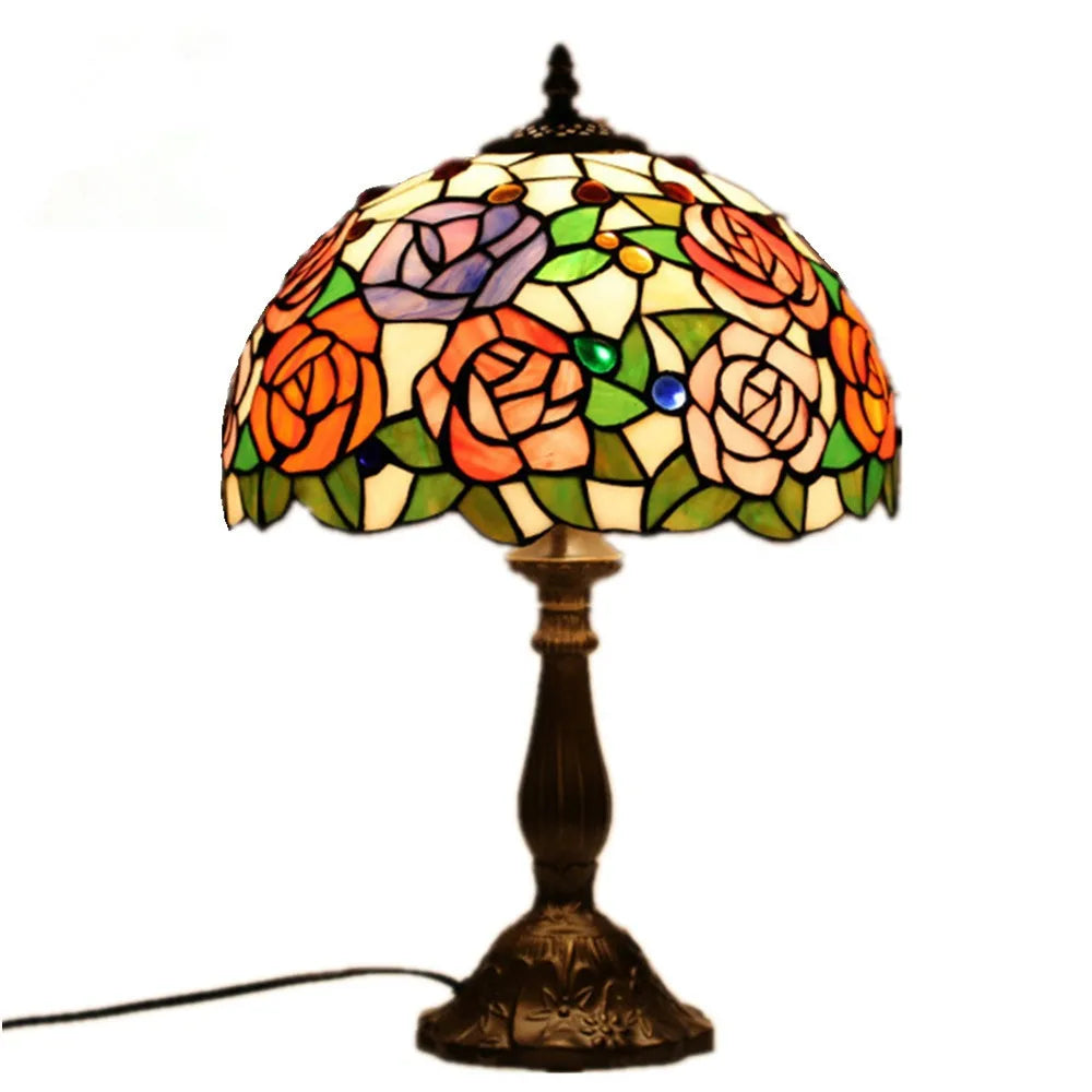 Elegant Tiffany Rose Stained Glass Table Lamp  Stylish Bedside Lighting for Home Restaurant  Bar