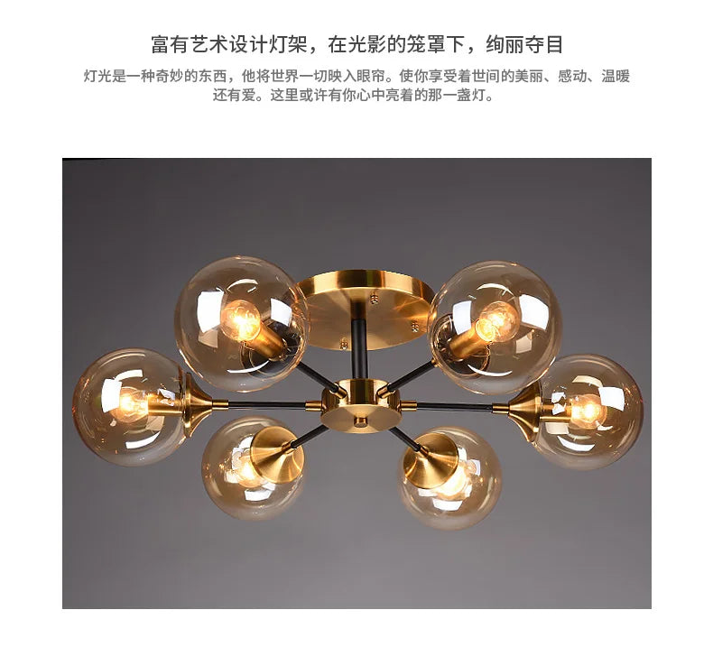 Ash Glass Ball Chandelier - Elegant Hanging Light for Bedroom Living Room Restaurant