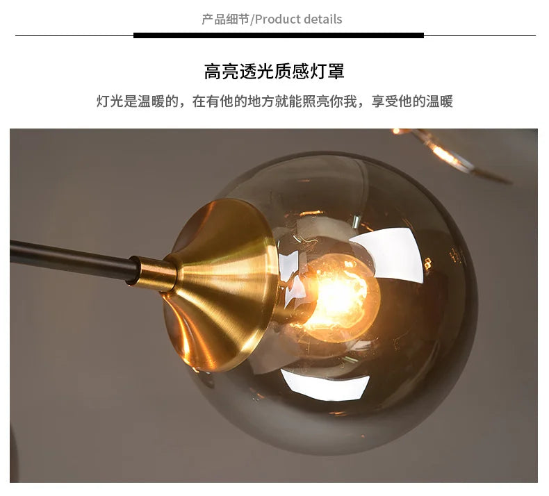 Ash Glass Ball Chandelier - Elegant Hanging Light for Bedroom Living Room Restaurant