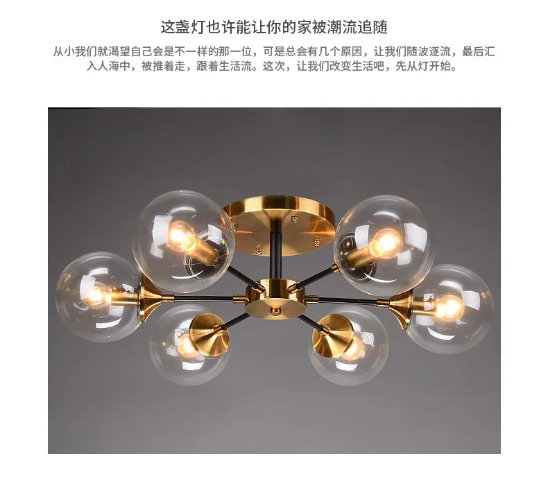 Ash Glass Ball Chandelier - Elegant Hanging Light for Bedroom Living Room Restaurant
