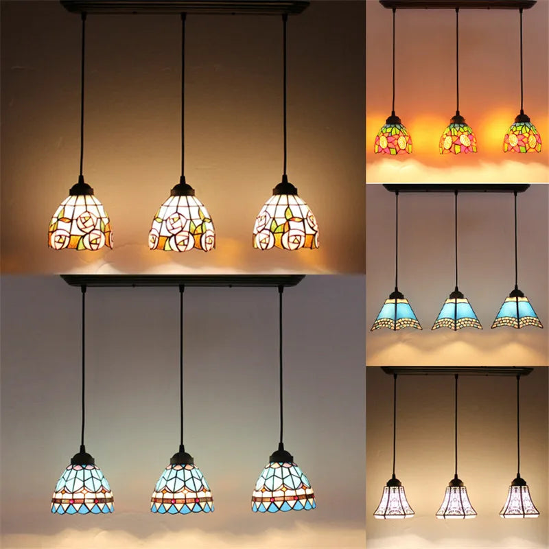 Baroque Stained Glass Pendant Light - 3-Light LED Suspension Fixture for Dining Room Kitchen  Hotel