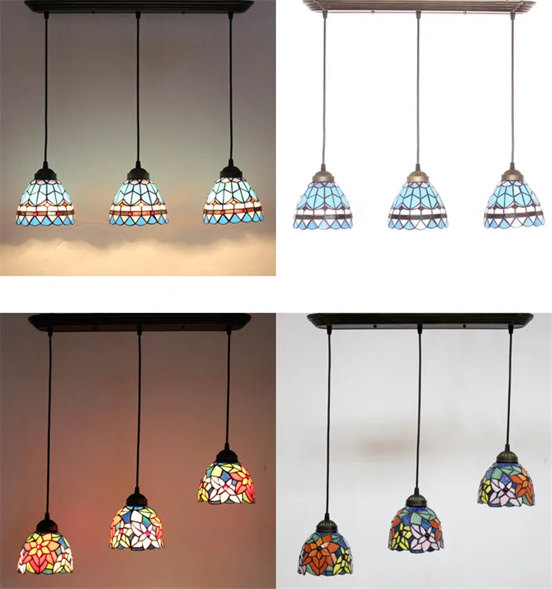 Baroque Stained Glass Pendant Light - 3-Light LED Suspension Fixture for Dining Room Kitchen  Hotel