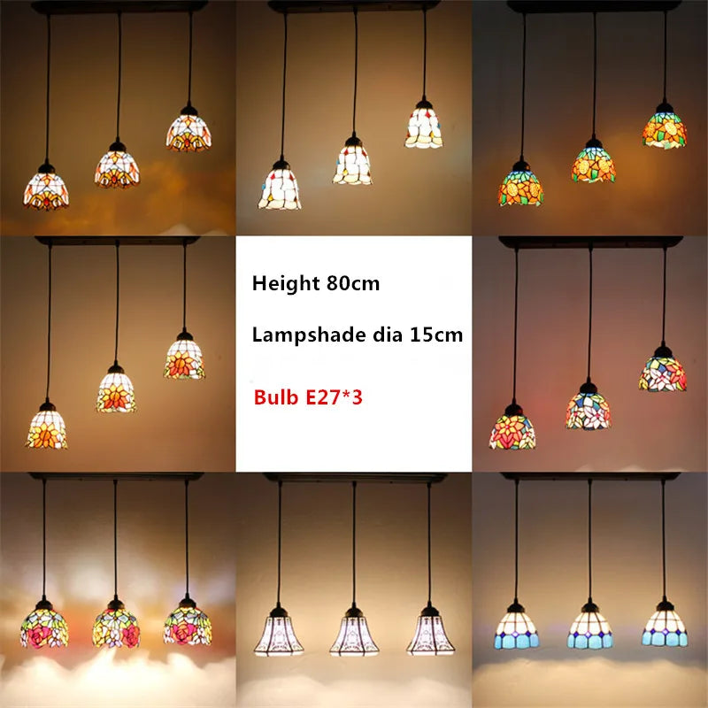 Baroque Stained Glass Pendant Light - 3-Light LED Suspension Fixture for Dining Room Kitchen  Hotel