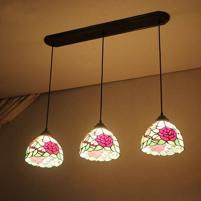 Baroque Stained Glass Pendant Light - 3-Light LED Suspension Fixture for Dining Room Kitchen  Hotel