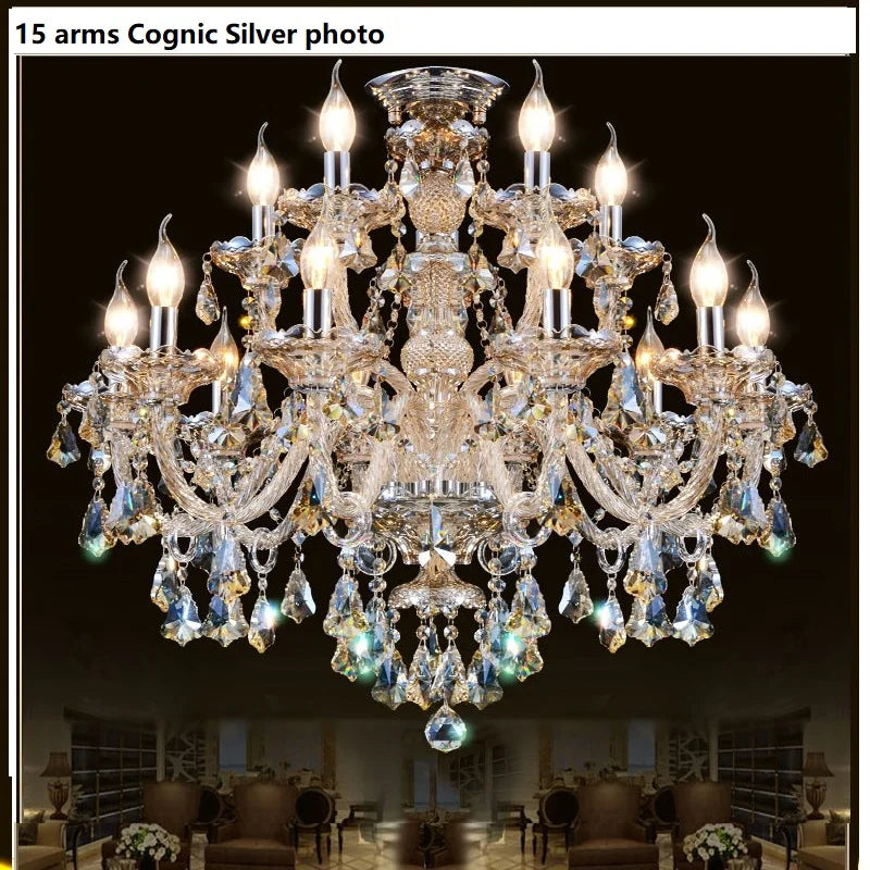 Large Modern Crystal LED Chandelier with 6/8/10/15/18 Arms in GoldSilver - Elegant K9 Lighting Fixture for Living Room