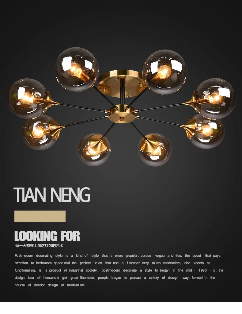 Ash Glass Ball Chandelier - Elegant Hanging Light for Bedroom Living Room Restaurant