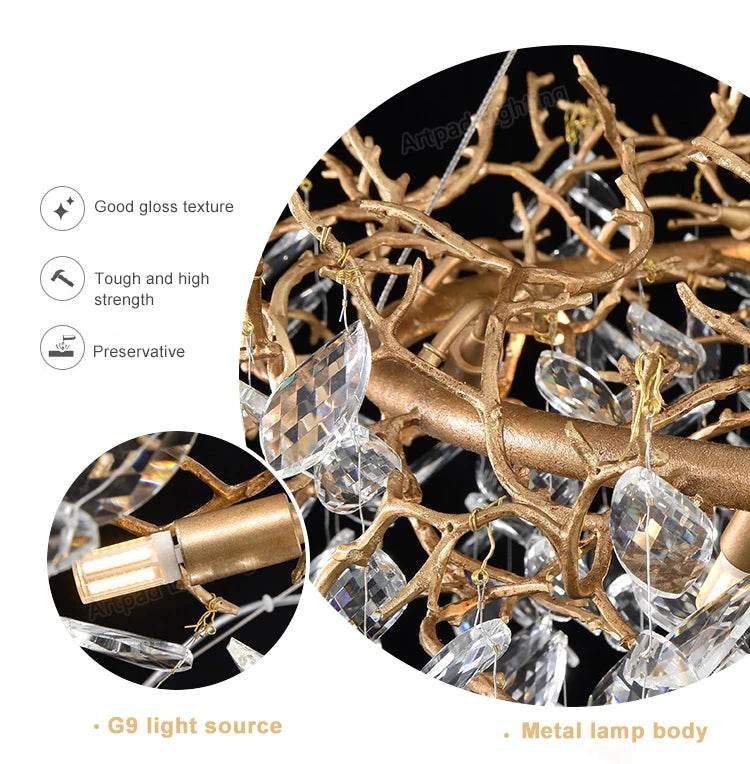 Luxury Crystal Chandelier  Elegant Metal Hanging Lamp for Dining Room Living Room  Hotel Décor in Gold Finish