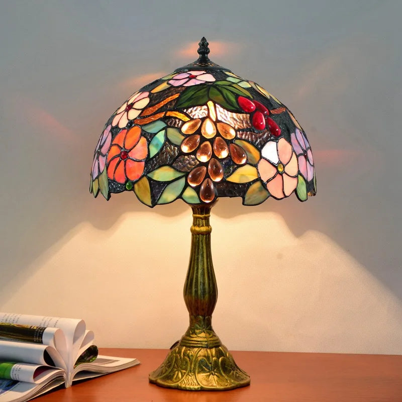 Elegant Grapes Flowers Tiffany Table Lamp | Stained Glass LED Bedside Lamp for Home, Restaurant & Bar