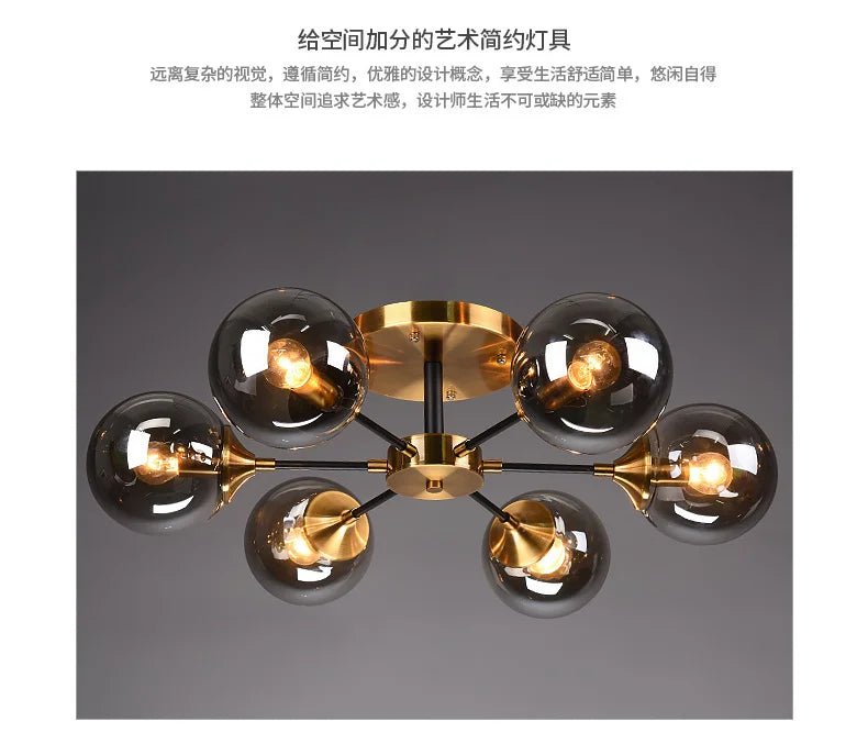 Ash Glass Ball Chandelier - Elegant Hanging Light for Bedroom Living Room Restaurant