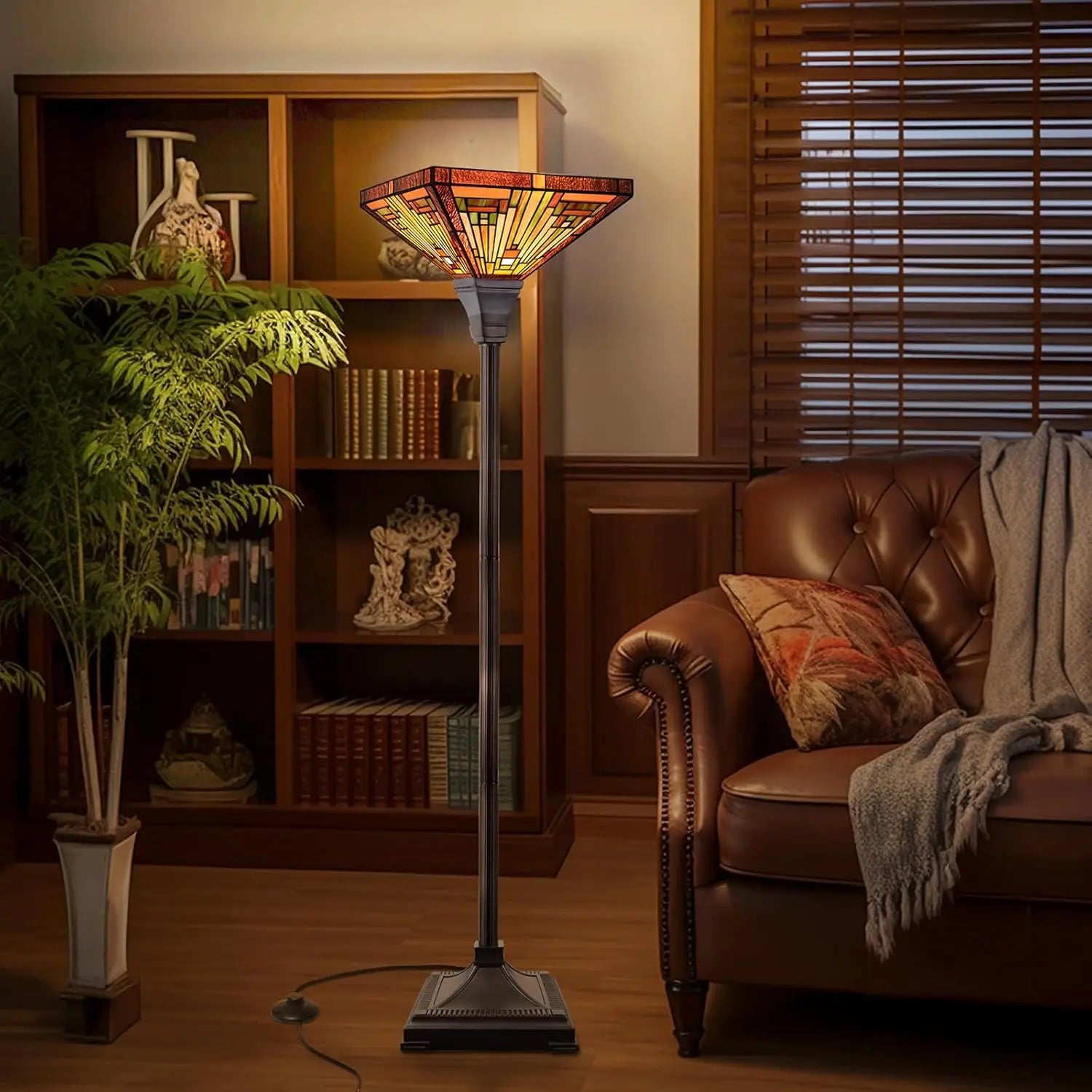 Industrial Blackish Bronze Floor Lamp with Handcrafted Amber Brown Stained Glass Shade - 70in Tall Elegant Tiffany Style Lighting for Home Decor