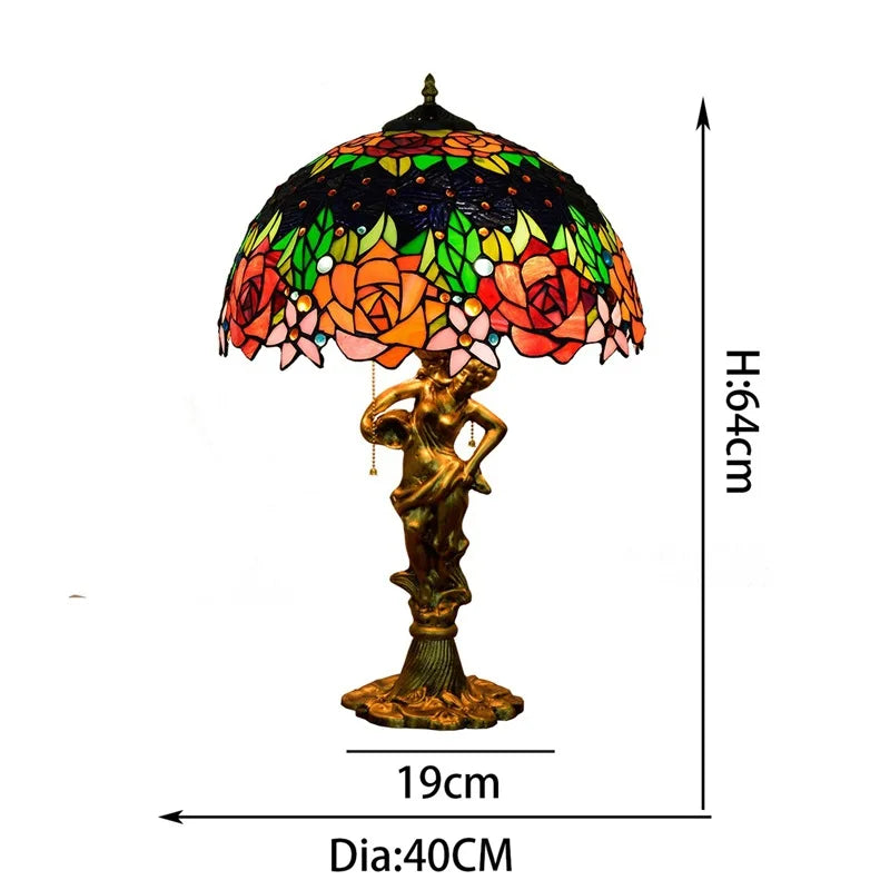 Tiffany Stained Glass Red Roses Table Lamp - Elegant Mediterranean-Style Nightstand Light for Bedrooms Hotels  Living Rooms