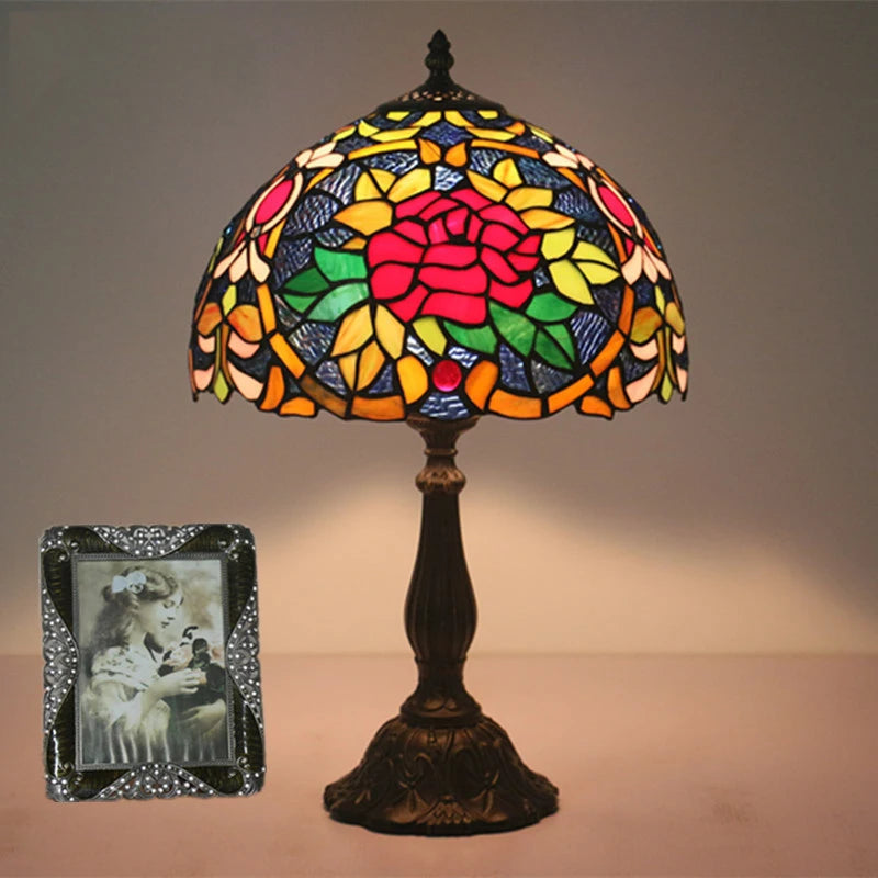 Tiffany Stained Glass Red Rose Lamp - Elegant Mediterranean Nightstand  Desk Light with Hand-Knitted Shade Durable Iron Base and Romantic Floral Design