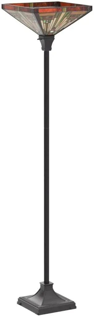 Industrial Blackish Bronze Floor Lamp with Handcrafted Amber Brown Stained Glass Shade - 70in Tall Elegant Tiffany Style Lighting for Home Decor