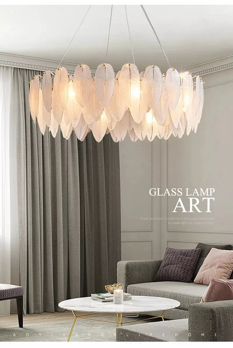 Feather Glass and Gold Metal Modern Luxury Pendant Light - Chic Chandelier for Living Room and Bedroom Décor