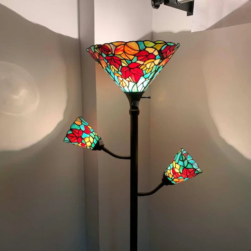 Maple Tree Leaves Tiffany-style Stained Glass Torchiere Floor Lamp with Sidelights - 70in Elegant Home Decor