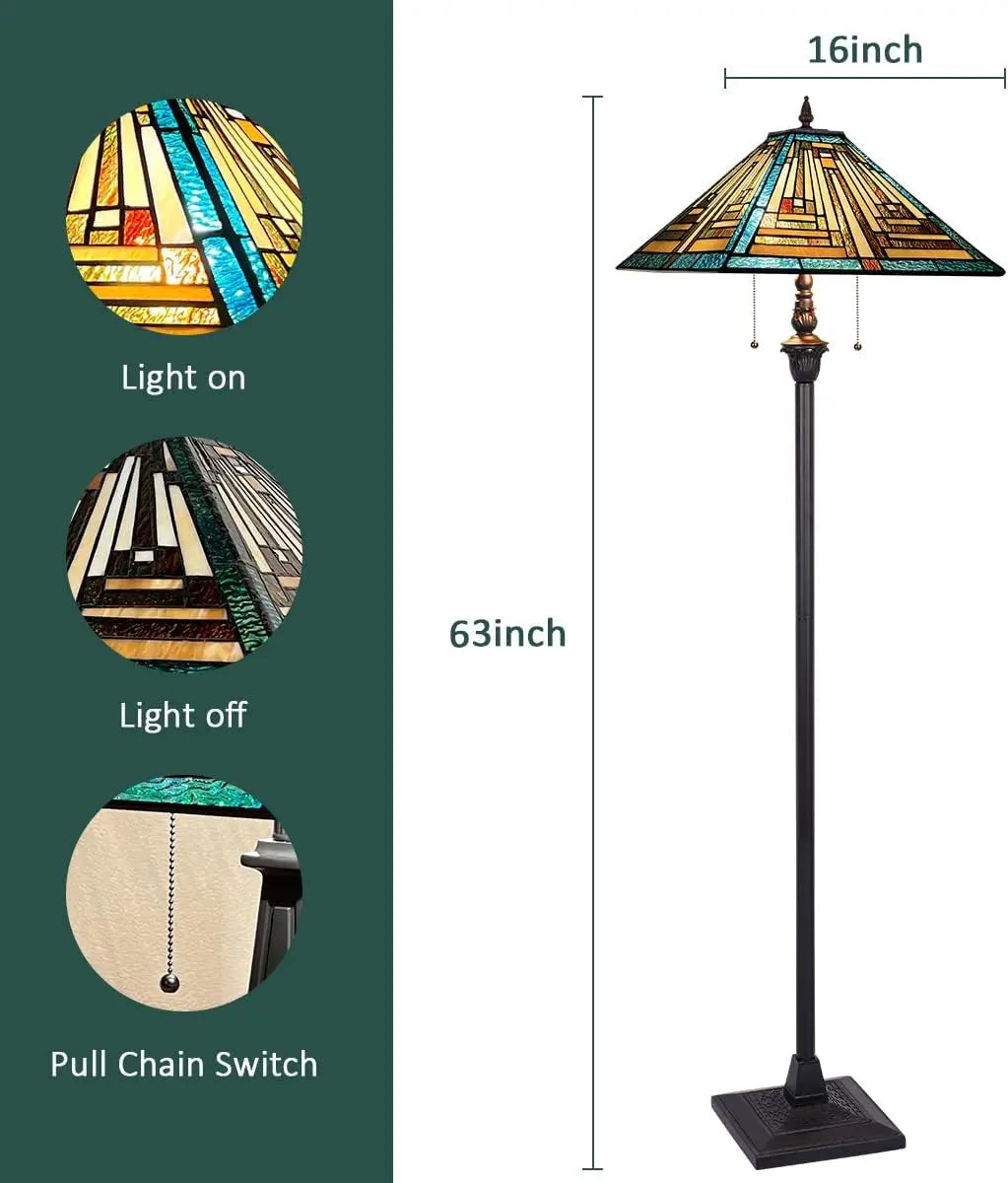 Mission Style Green Stained Glass Floor Lamp - Antique Double Light Reading Lamp with Handcrafted Elegance for Home Decor
