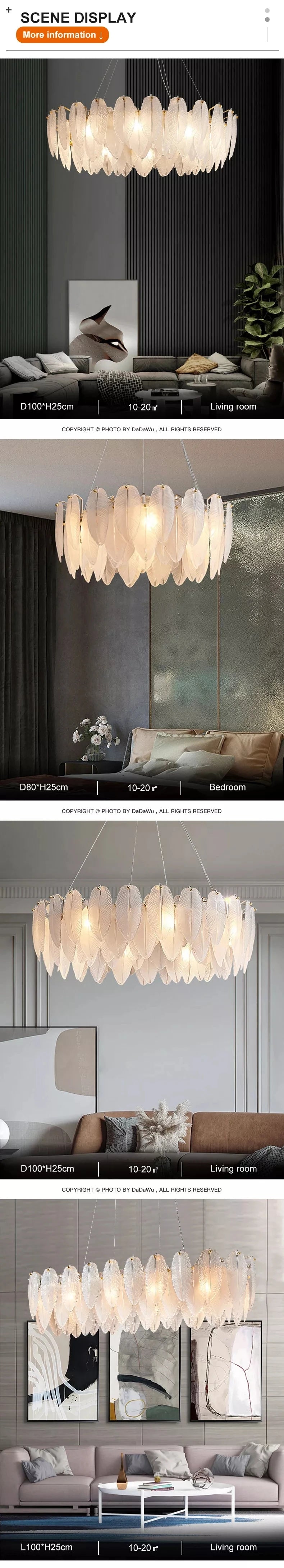 Feather Glass and Gold Metal Modern Luxury Pendant Light - Chic Chandelier for Living Room and Bedroom Décor
