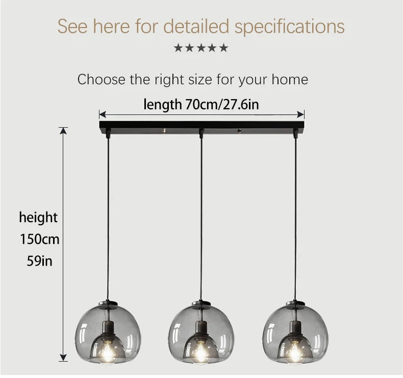 Nordic Glass Pendant Light for Kitchen Island Chandelier Smoke Gray Hanging Lamp for Living Room Dining Room