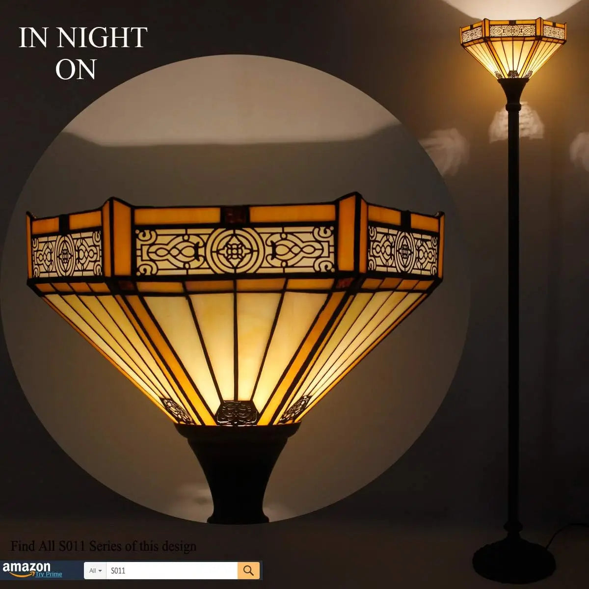 Yellow Hexagon Stained Glass Torchiere Floor Lamp - 66in Tall Corner Accent Light for Living Room and Bedroom Handcrafted Collectible Decor