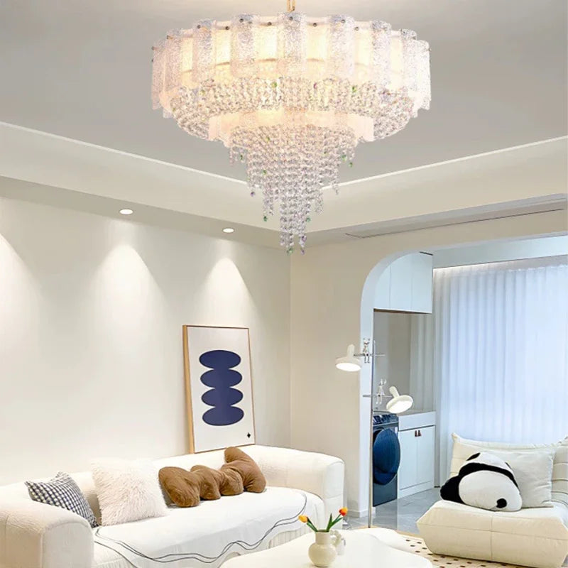 Modern Round Oval Crystal Chandelier Luxurious Frosted Glass LED Lighting for Living Room Dining Room or Bedroom