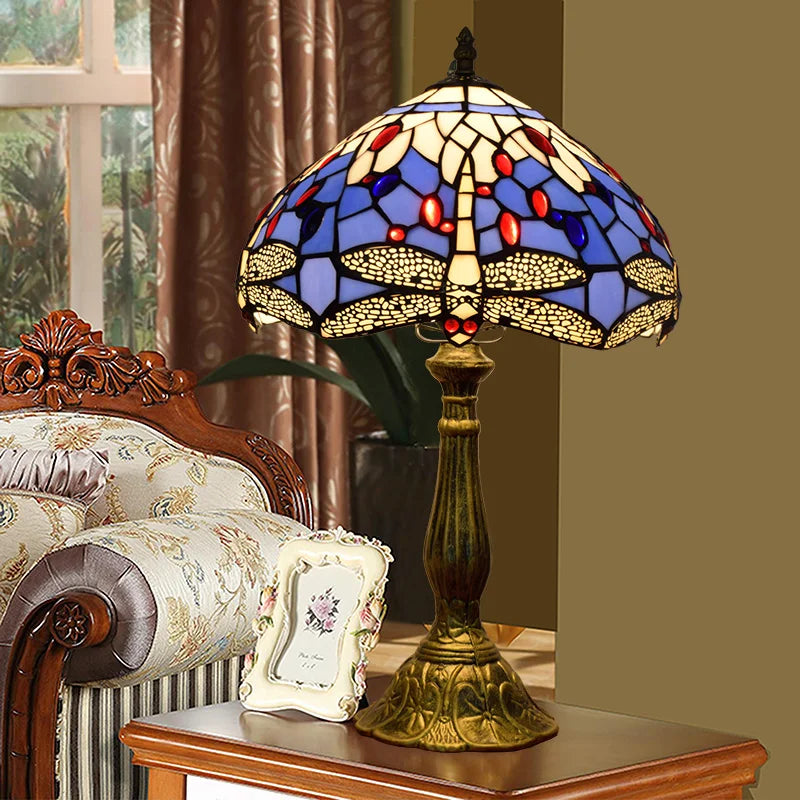 Mediterranean Style Tiffany Bedside Lamp | Stained Glass Dragonfly Blue Table Light | 12in Blue Handcrafted