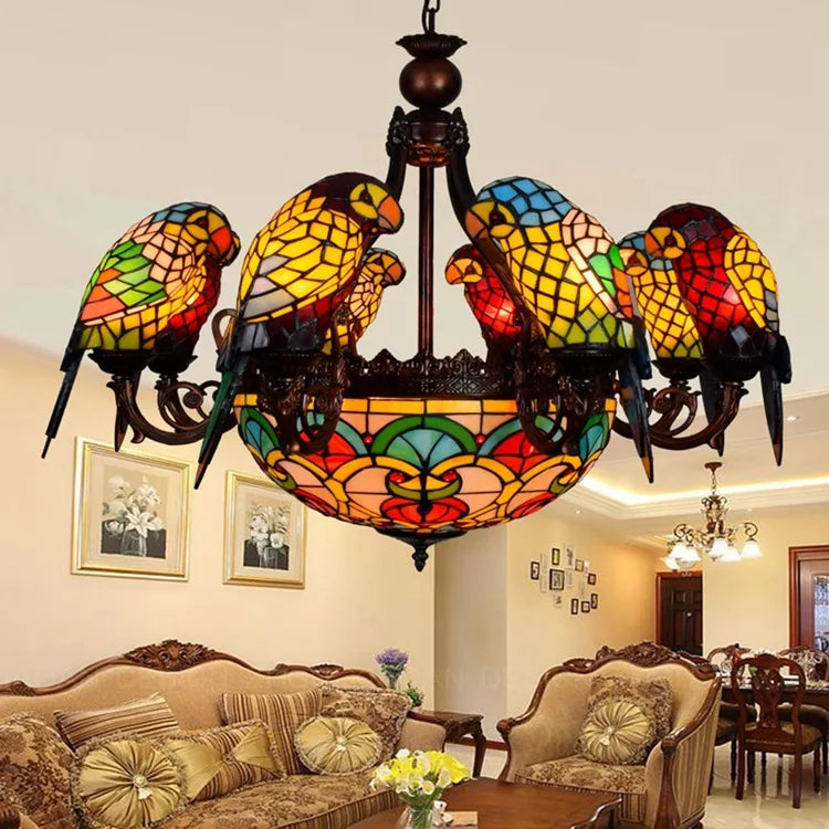 Stained Glass Parrot Chandelier  Creative Retro Bird Pendant Light for Bars and Restaurants Tiffany Style Glass Fixture Indoor Decorative Lamp