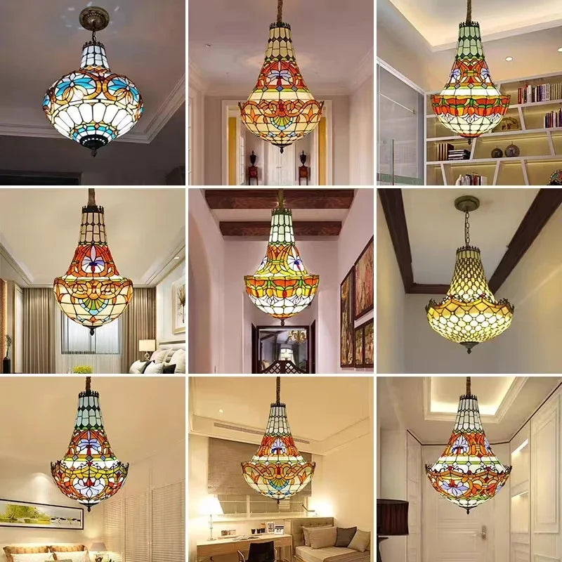 Mediterranean Vintage Stained Glass Chandelier Pendant Lamp for Living Room Bedroom or Dining Room