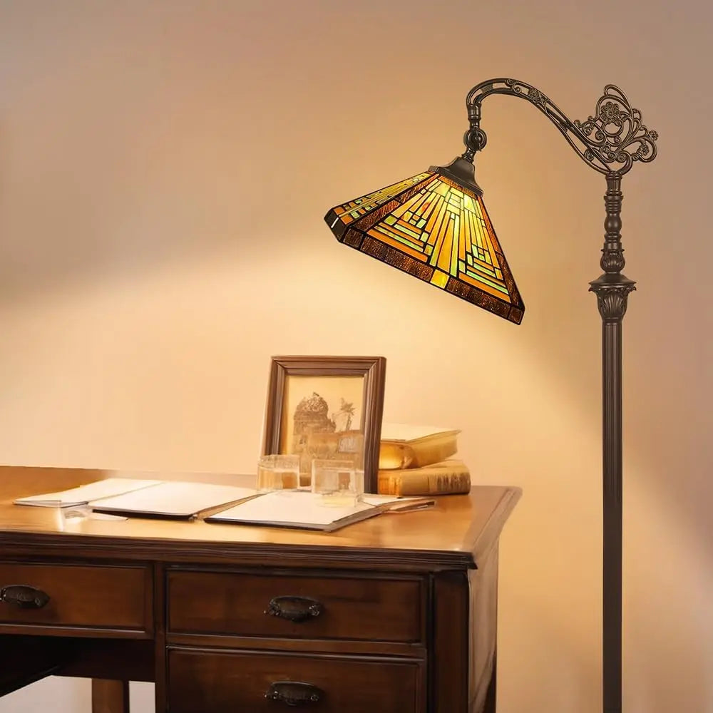 Antique Mission Style Floor Lamp with Adjustable Arched Arm  Stained Glass Shade for Soft Ambient Lighting