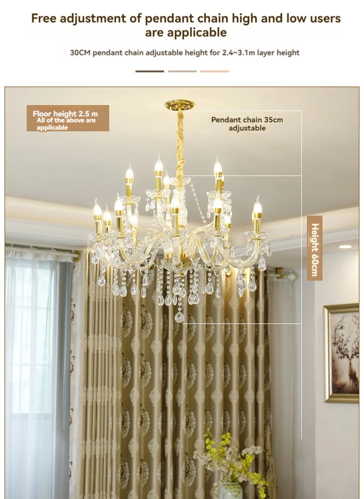 Gold Crystal Candelabra Ceiling Chandelier for Bedroom Dining Room Living Room Classic Crystal Candle Pendant Chandeliers