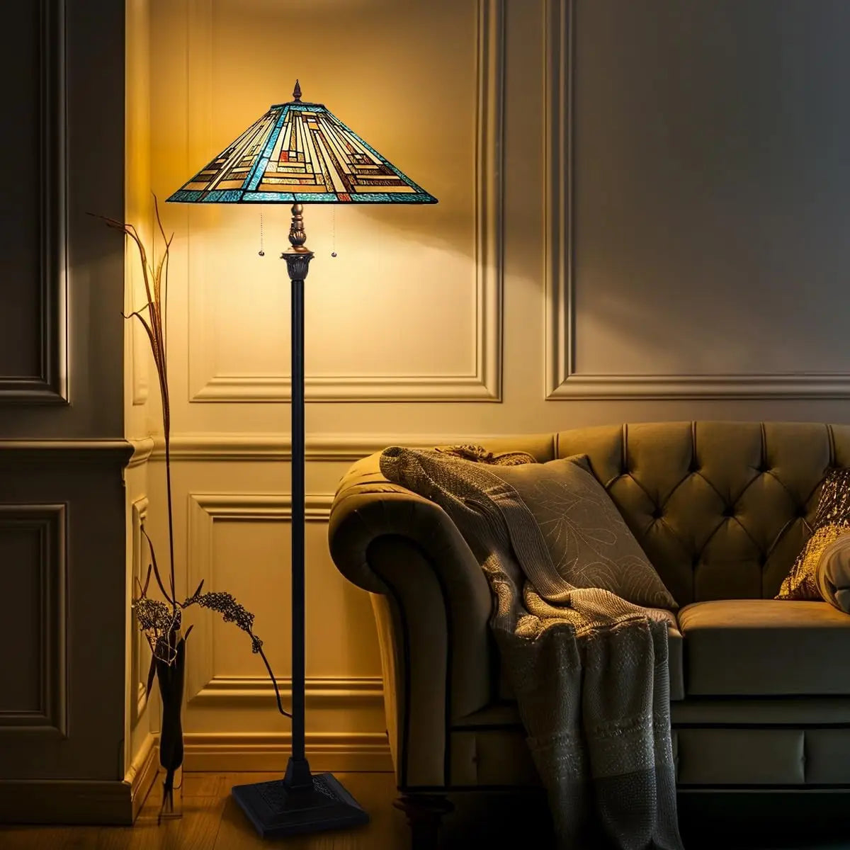 Mission Style Green Stained Glass Floor Lamp - Antique Double Light Reading Lamp with Handcrafted Elegance for Home Decor