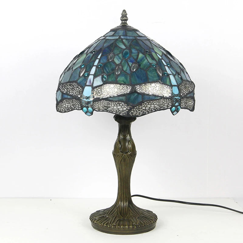 Mediterranean Style Tiffany Bedside Lamp | Stained Glass Dragonfly Green Table Light | 12in Blue Handcrafted