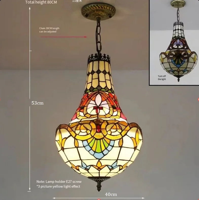 Mediterranean Vintage Stained Glass Chandelier Pendant Lamp for Living Room Bedroom or Dining Room