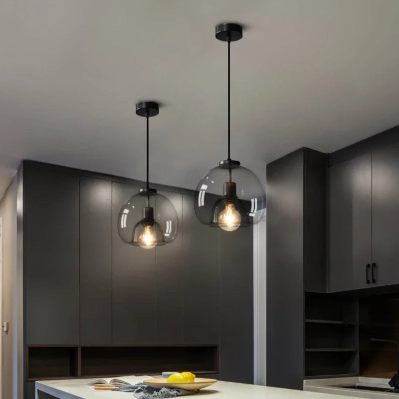 Glass LED Ceiling Chandelier Black Pendant Lamp for Living Room Dining Table Kitchen Bedroom Modern Gray Art Hanging Light