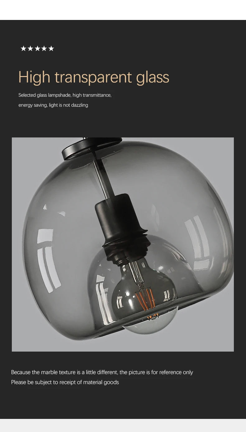 Nordic Glass Pendant Light for Kitchen Island Chandelier Smoke Gray Hanging Lamp for Living Room Dining Room