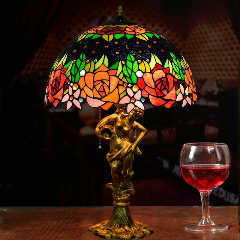Tiffany Stained Glass Red Roses Table Lamp - Elegant Mediterranean-Style Nightstand Light for Bedrooms Hotels  Living Rooms