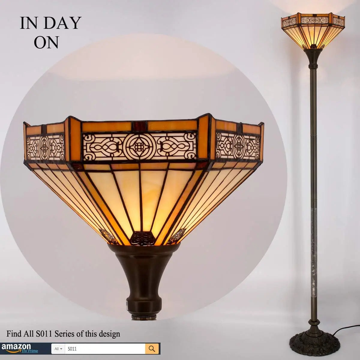 Yellow Hexagon Stained Glass Torchiere Floor Lamp - 66in Tall Corner Accent Light for Living Room and Bedroom Handcrafted Collectible Decor