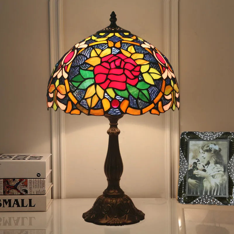Tiffany Stained Glass Red Rose Lamp - Elegant Mediterranean Nightstand  Desk Light with Hand-Knitted Shade Durable Iron Base and Romantic Floral Design