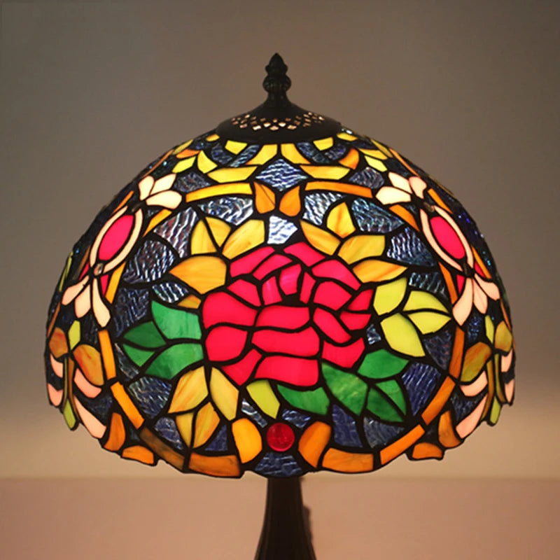 Tiffany Stained Glass Red Rose Lamp - Elegant Mediterranean Nightstand  Desk Light with Hand-Knitted Shade Durable Iron Base and Romantic Floral Design