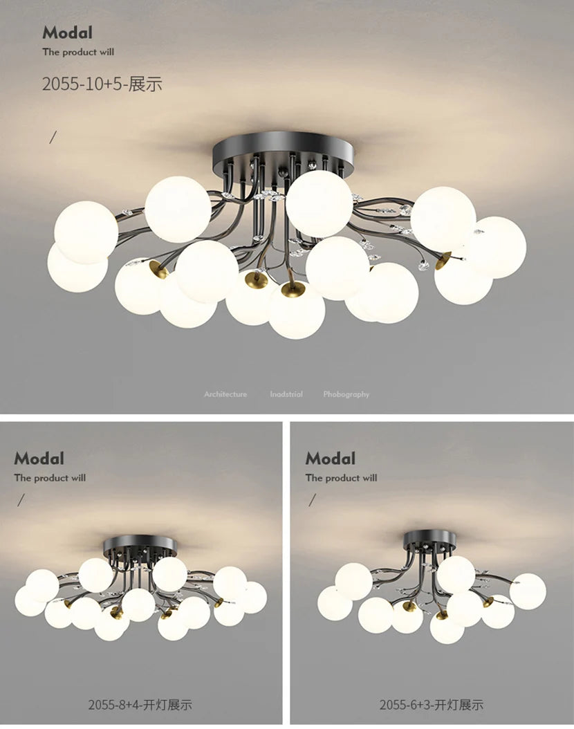 Black Gold Chandeliers Clear Star Milk White Glass Ball Ceiling Lamp with Crystal Living Room Decor Pendant Lights