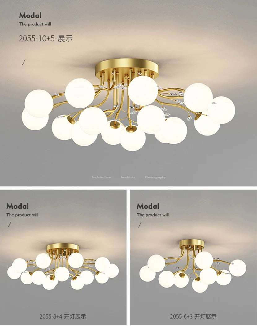 Black Gold Chandeliers Clear Star Milk White Glass Ball Ceiling Lamp with Crystal Living Room Decor Pendant Lights