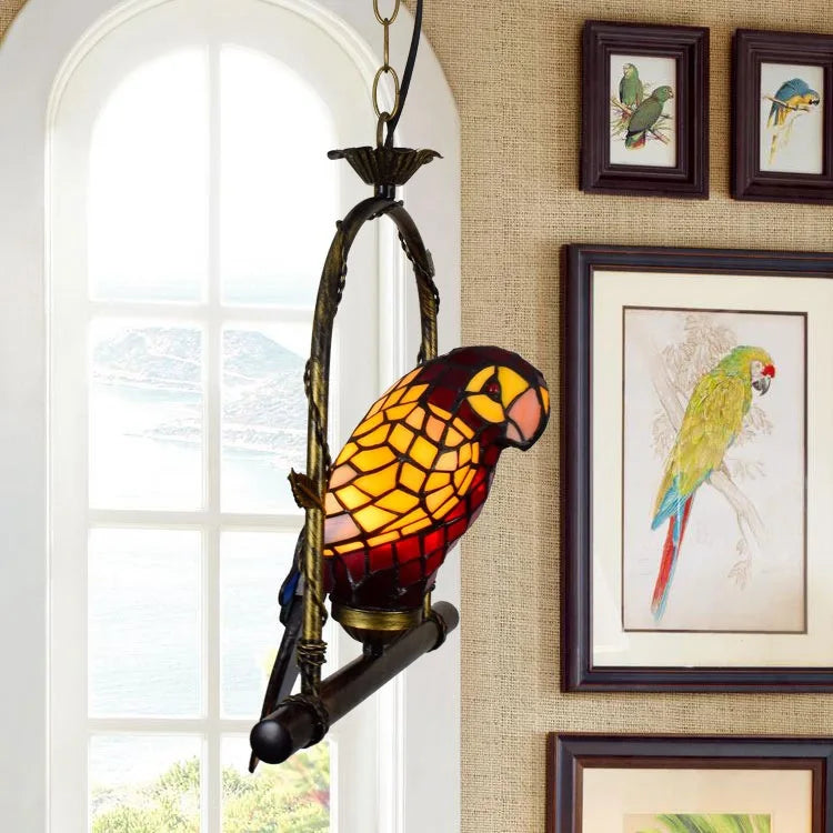 Stained Glass Parrot Chandelier  Creative Retro Bird Pendant Light for Bars and Restaurants Tiffany Style Glass Fixture Indoor Decorative Lamp